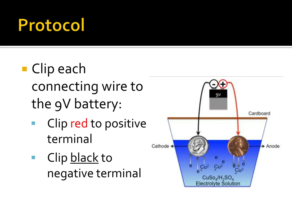 clip each connecting wire to the 9v battery clip