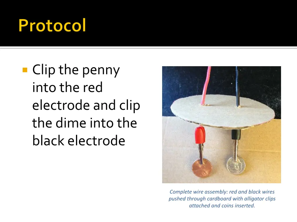 clip the penny into the red electrode and clip