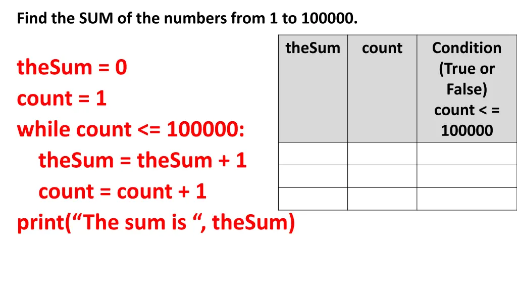 find the sum of the numbers from 1 to 100000