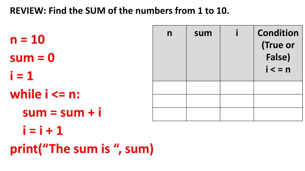 review find the sum of the numbers from 1 to 10