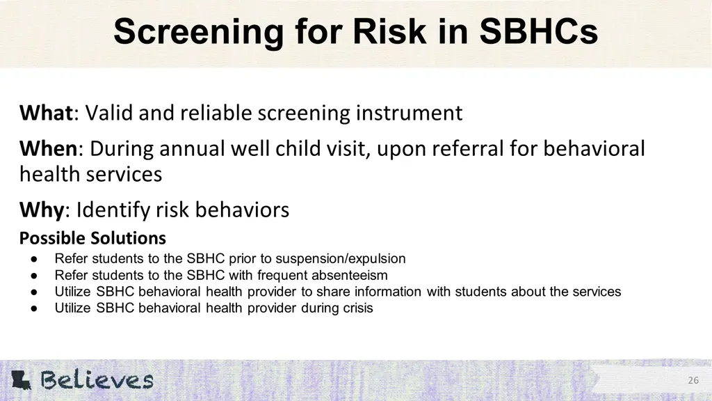 screening for risk in sbhcs