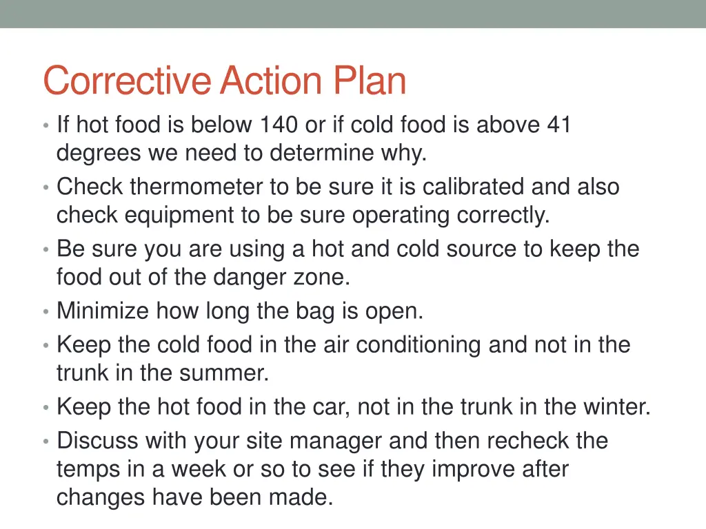 corrective action plan if hot food is below