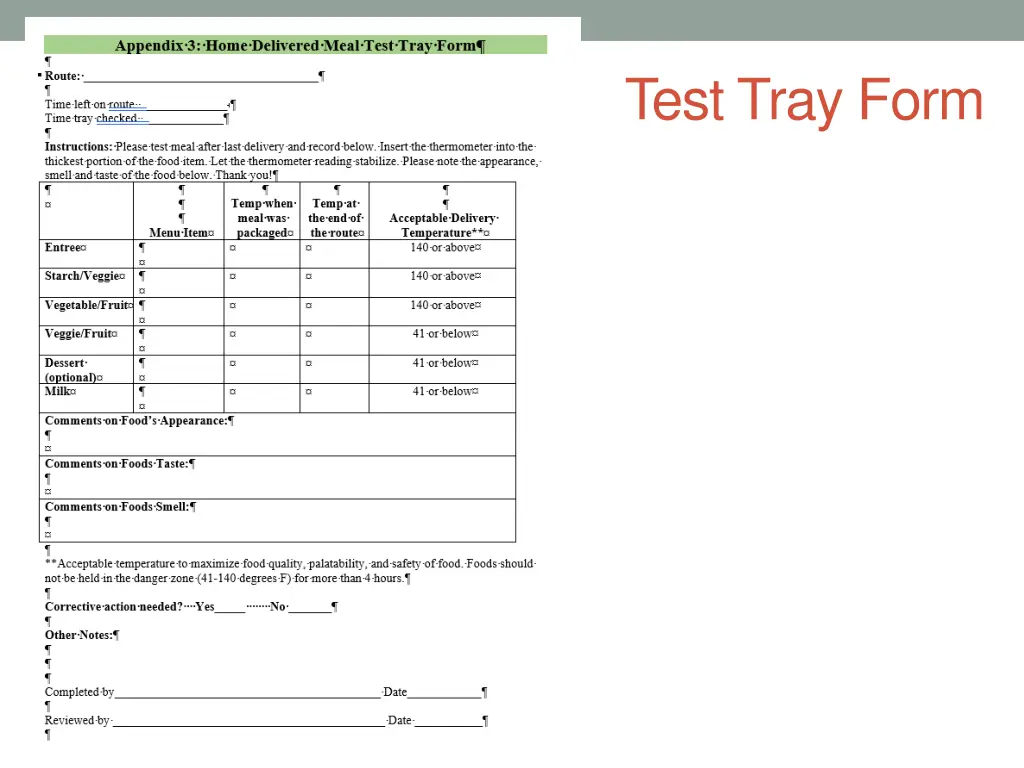 test tray form