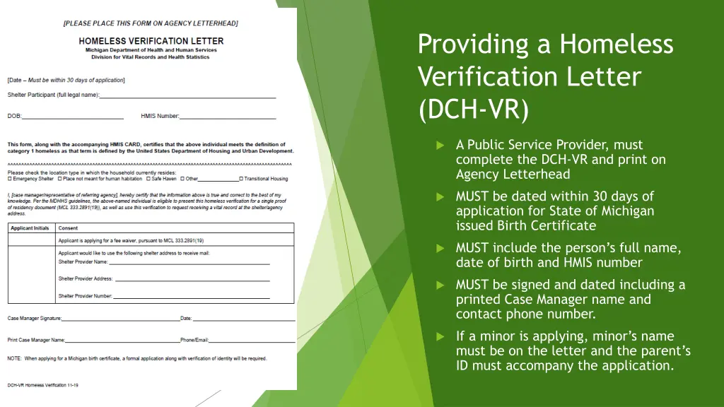 providing a homeless verification letter dch vr