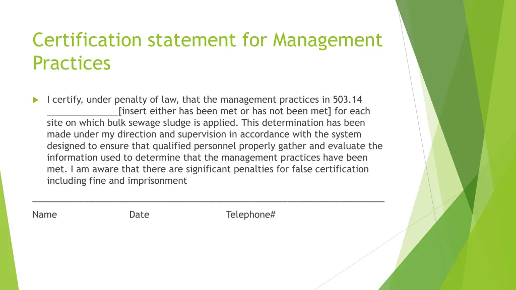 certification statement for management practices