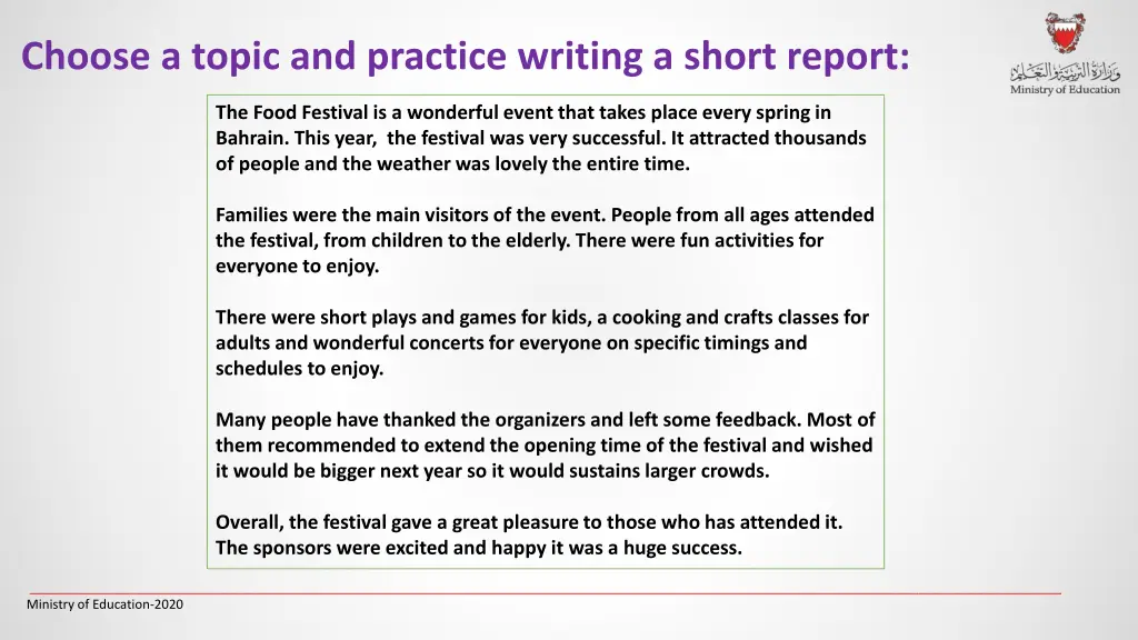 choose a topic and practice writing a short report