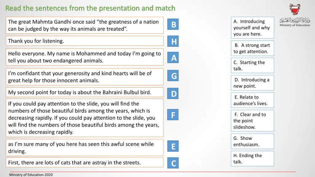 read the sentences from the presentation and match