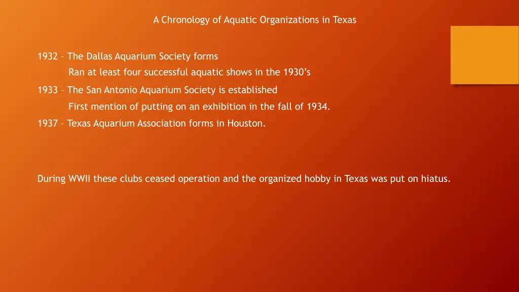 a chronology of aquatic organizations in texas