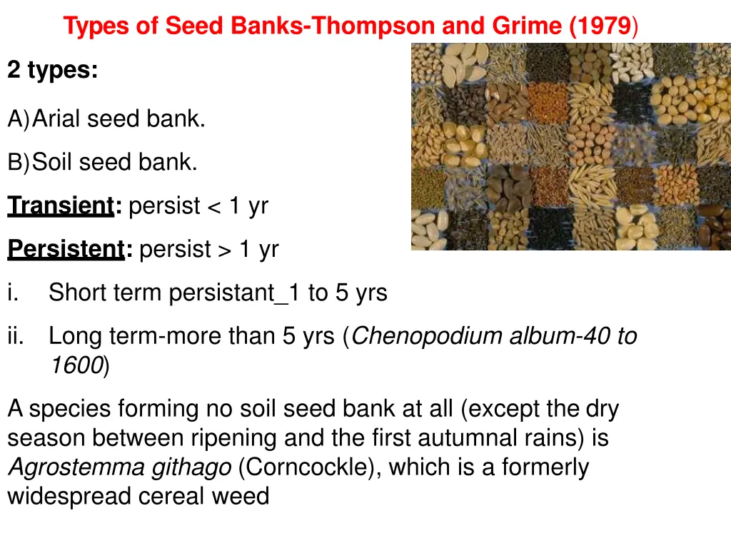 types of seed banks thompson and grime 1979