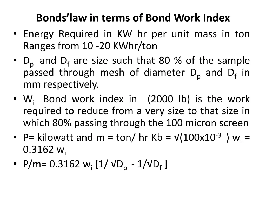 bonds law in terms of bond work index energy