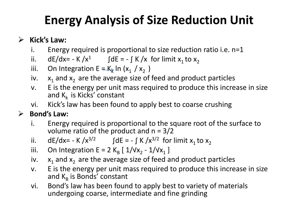 energy analysis of size reduction unit 1