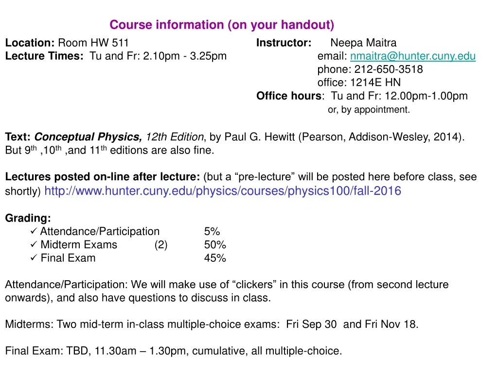 course information on your handout location room