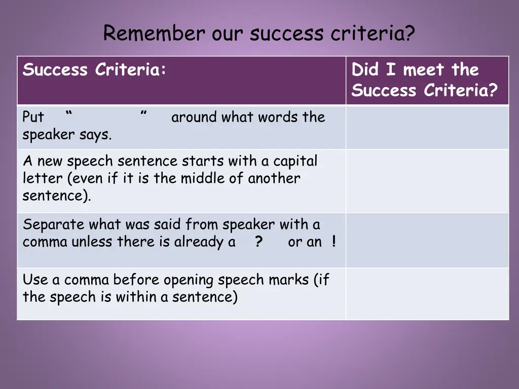 remember our success criteria