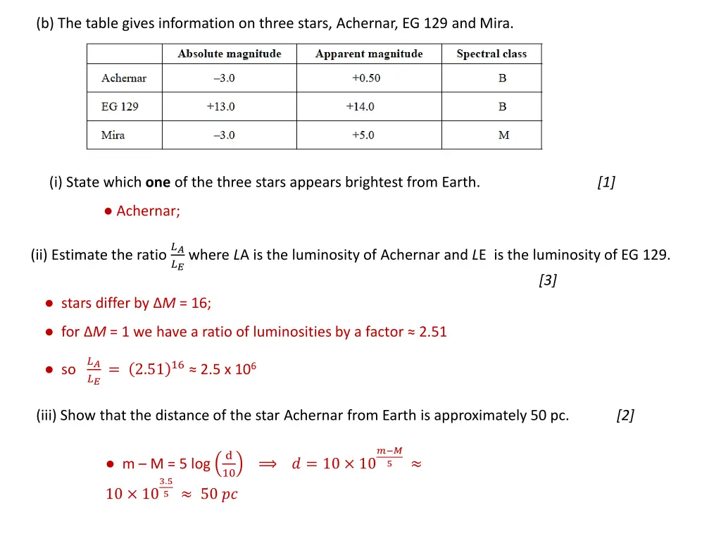 b the table gives information on three stars