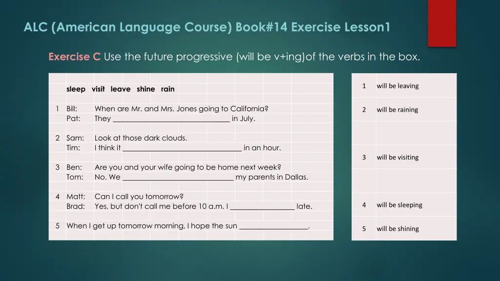 alc american language course book 14 exercise 1