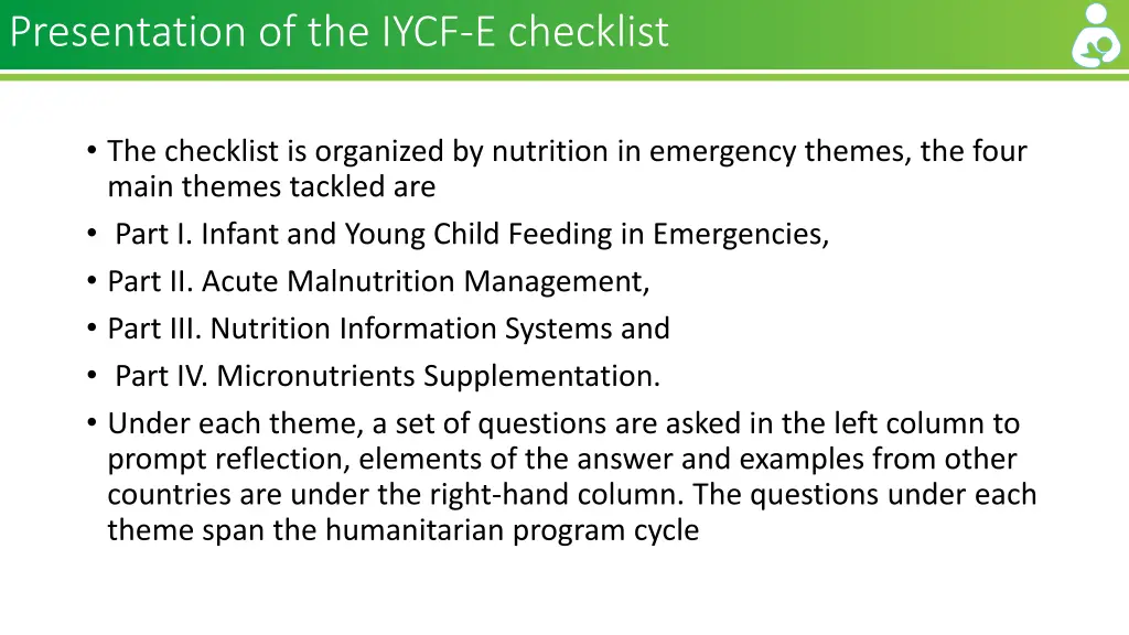 presentation of the iycf e checklist