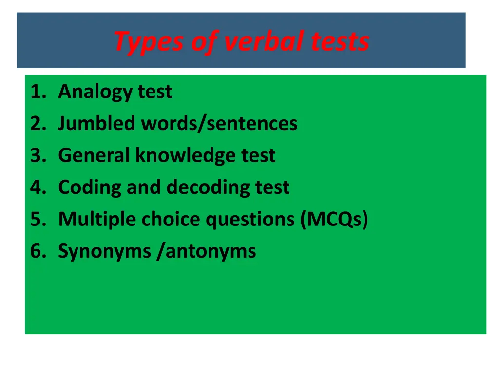 types of verbal tests