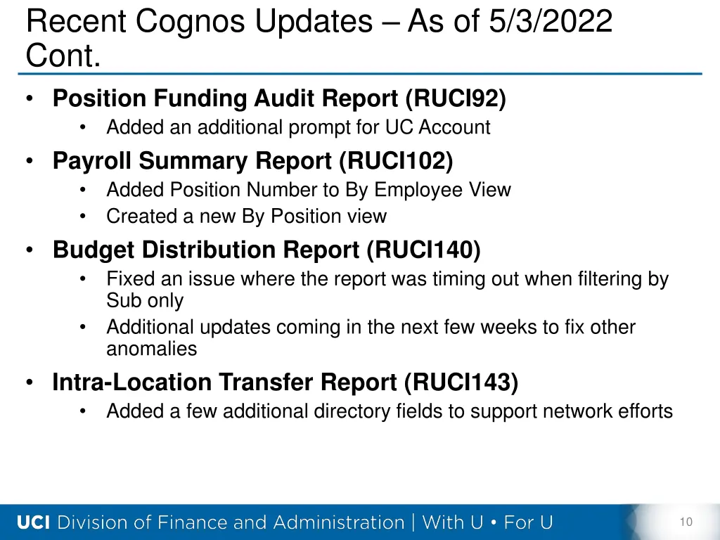 recent cognos updates as of 5 3 2022 cont