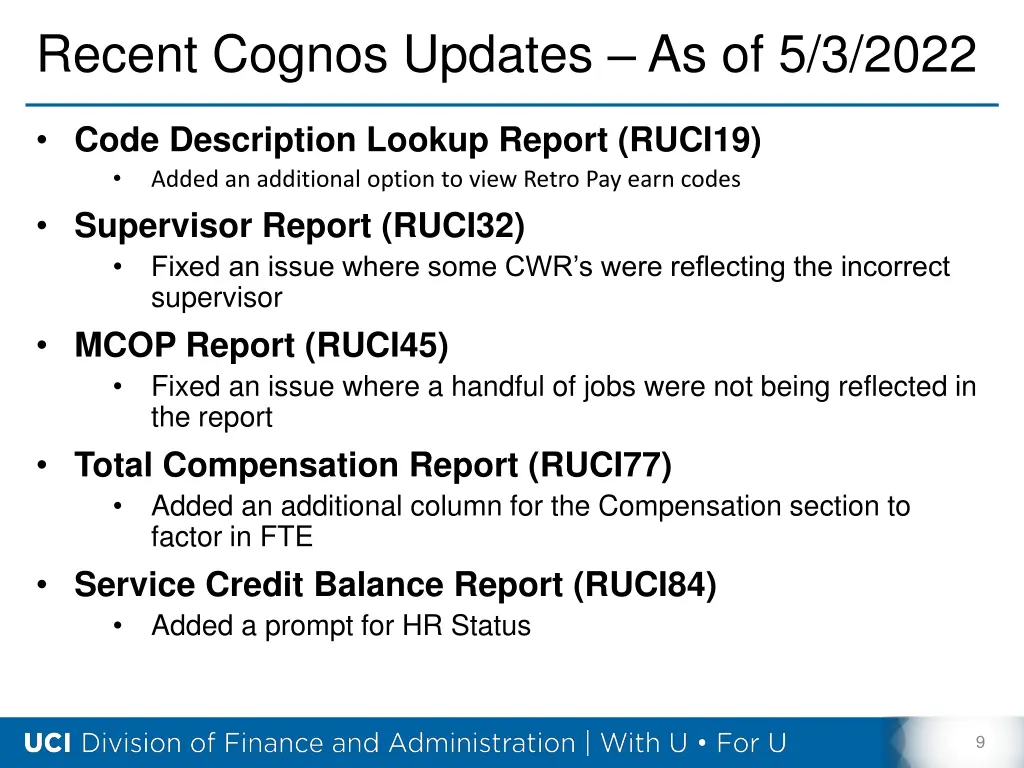 recent cognos updates as of 5 3 2022