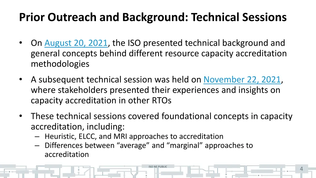 prior outreach and background technical sessions