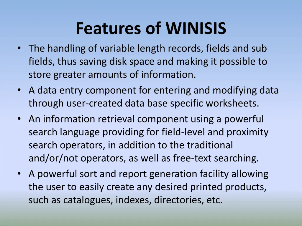 features of winisis the handling of variable