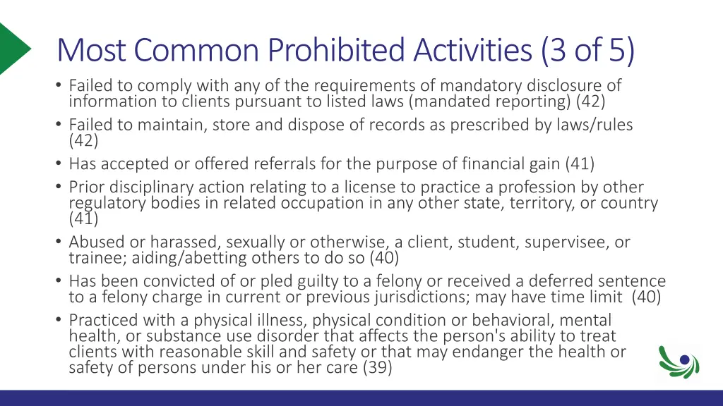 most common prohibited activities 3 of 5 failed