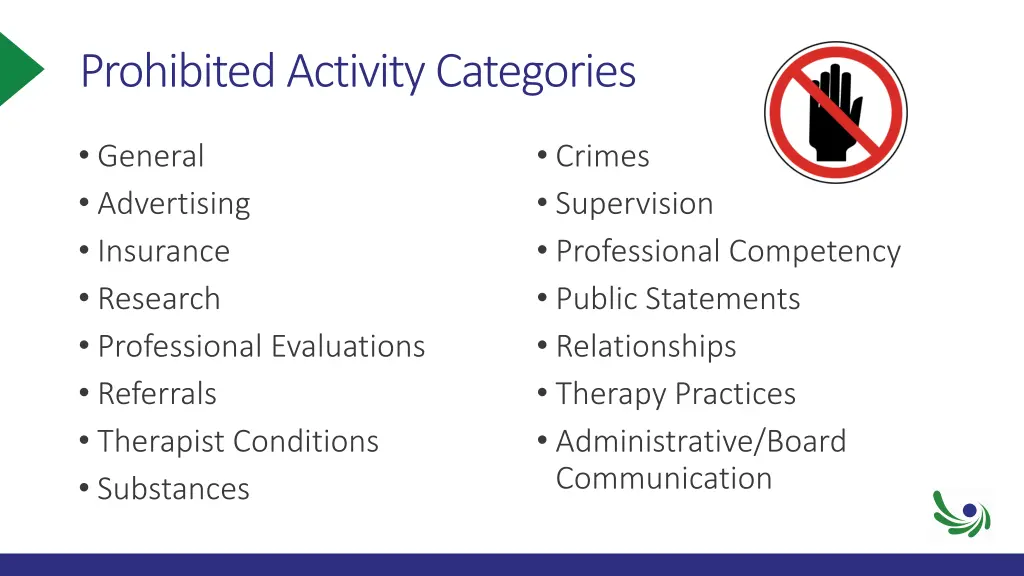 prohibited activity categories