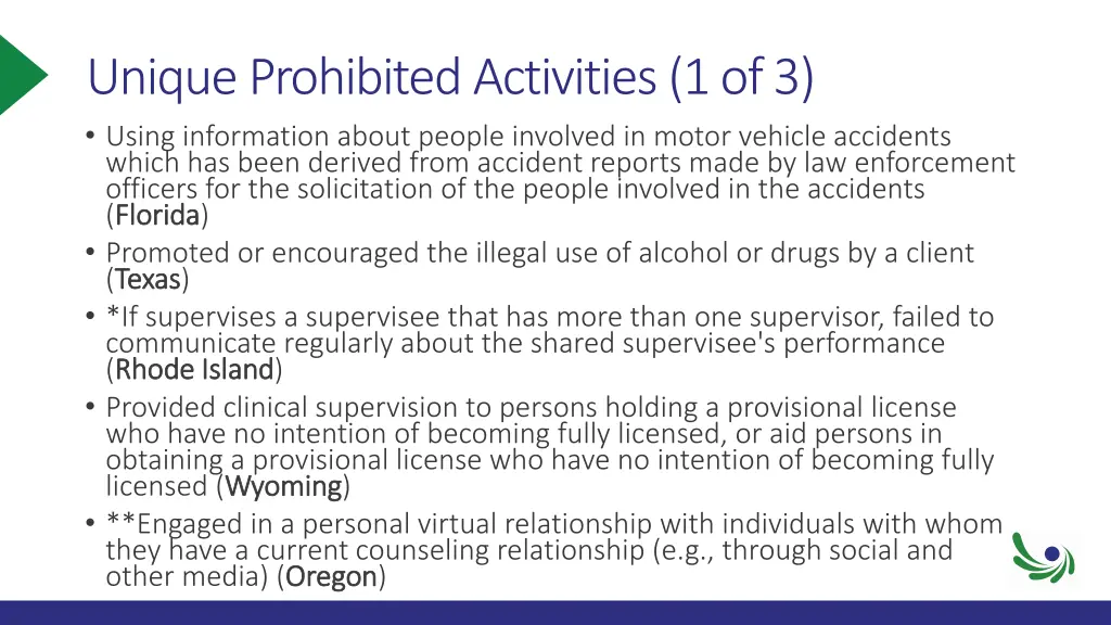 unique prohibited activities 1 of 3 using