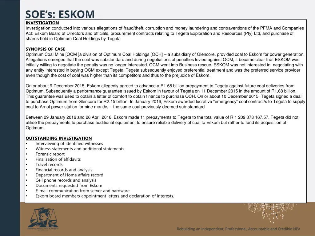 soe s eskom investigation investigation conducted