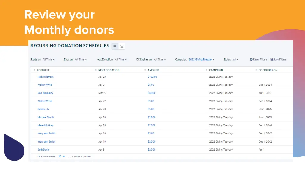 review your monthly donors