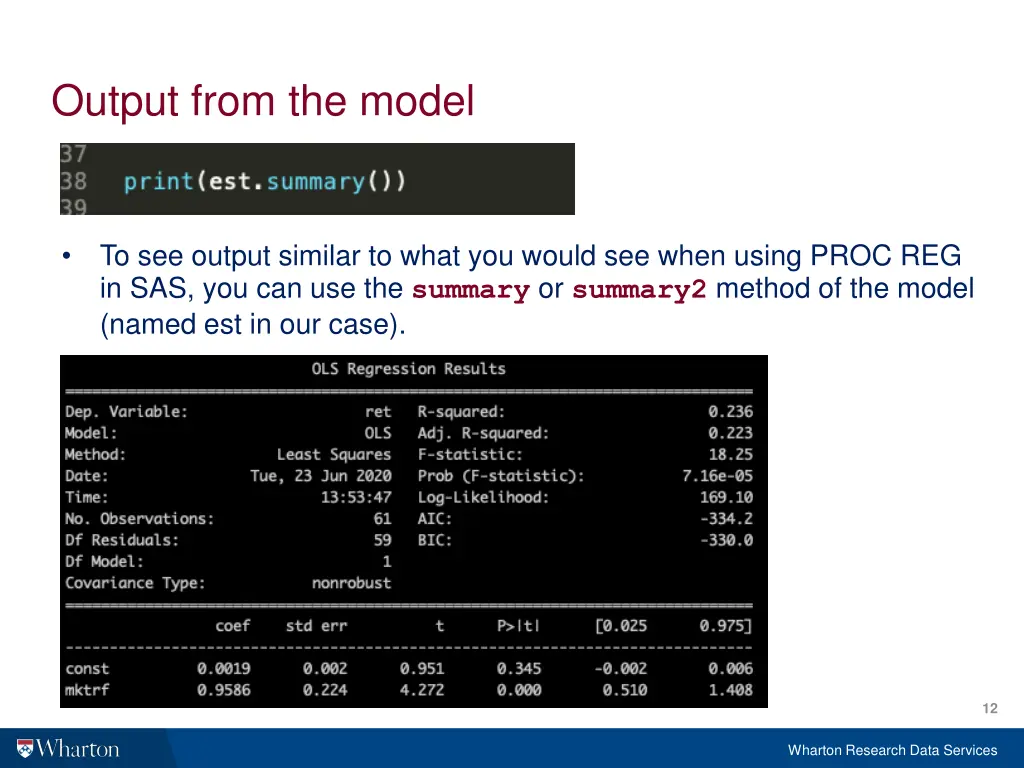 output from the model