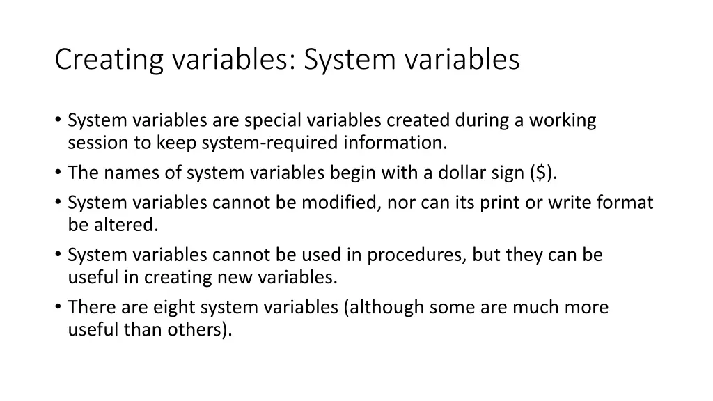 creating variables system variables