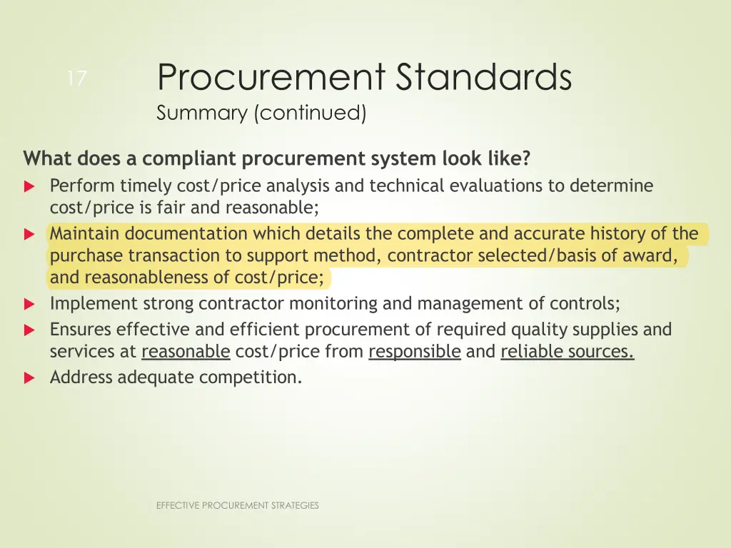 procurement standards summary continued