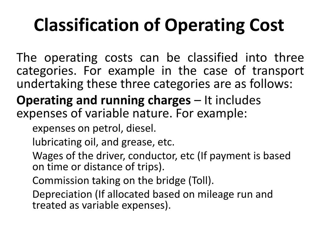 classification of operating cost