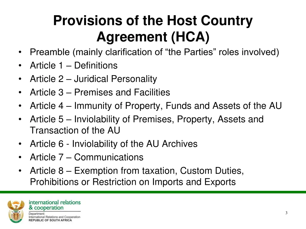 provisions of the host country agreement