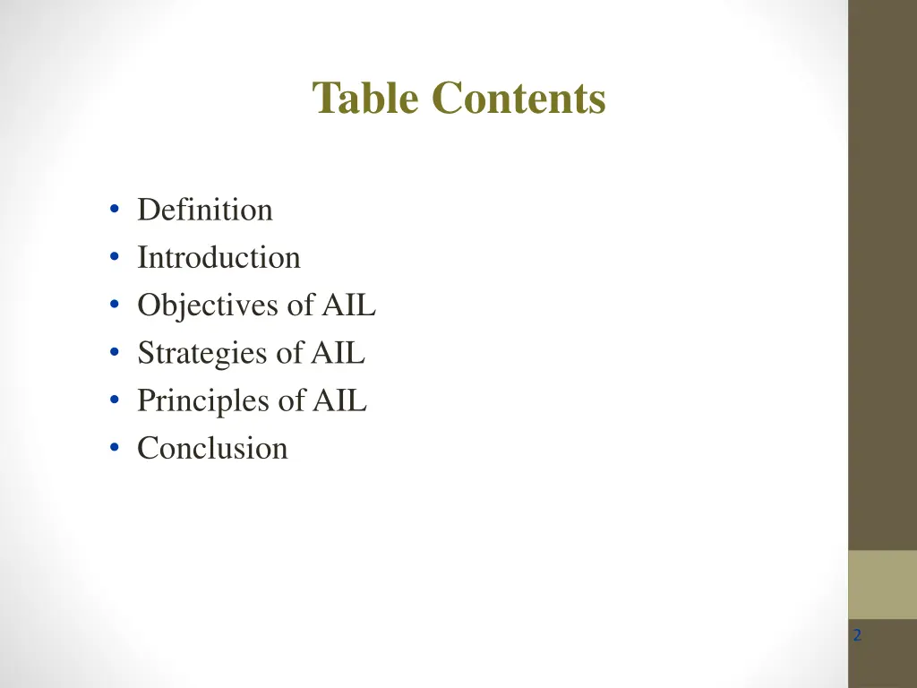 table contents