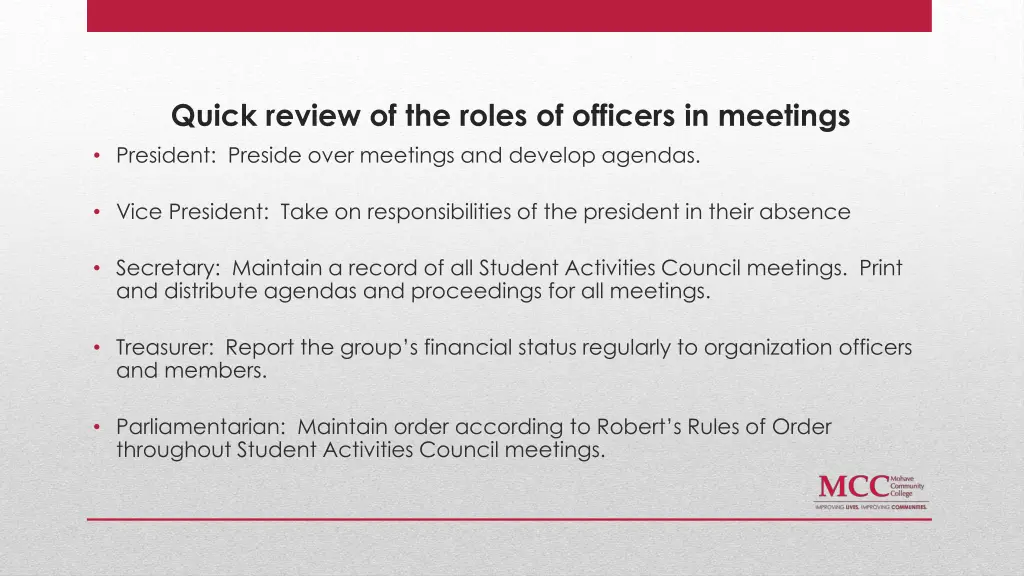 quick review of the roles of officers in meetings