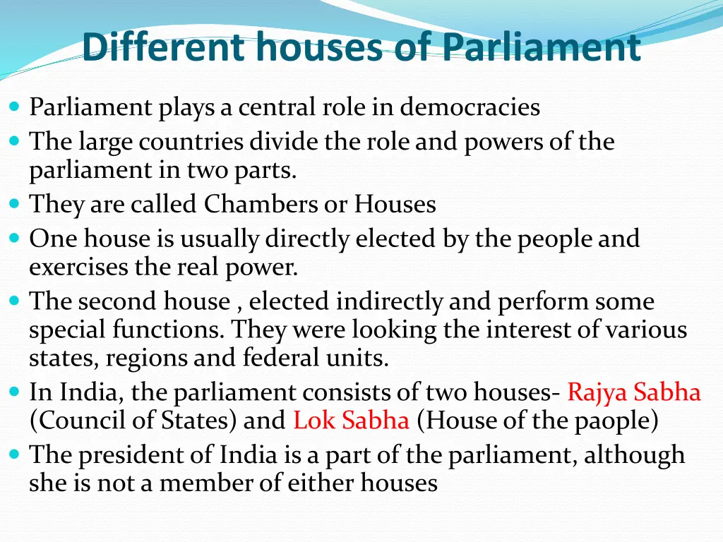 different houses of parliament