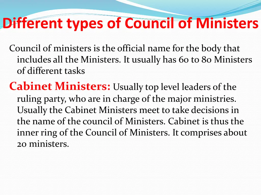 different types of council of ministers