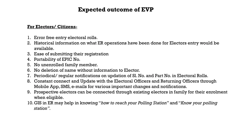 expected outcome of evp 1