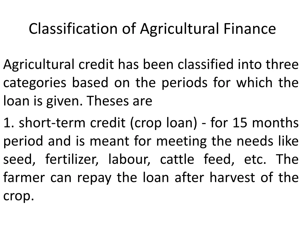 classification of agricultural finance