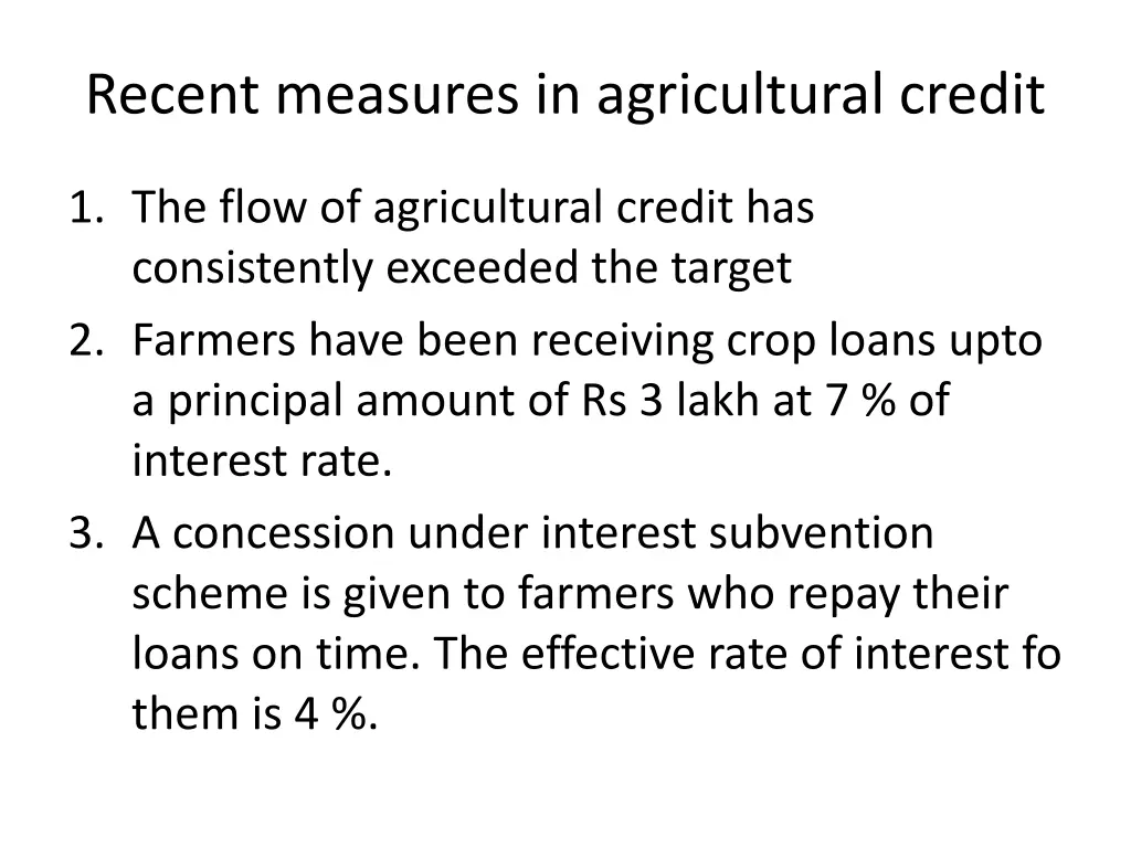 recent measures in agricultural credit