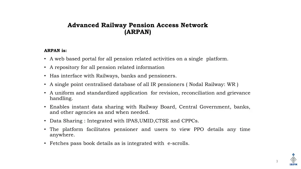 advanced railway pension access network arpan