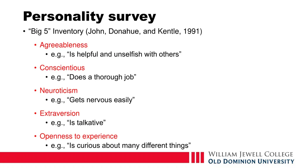 personality survey big 5 inventory john donahue