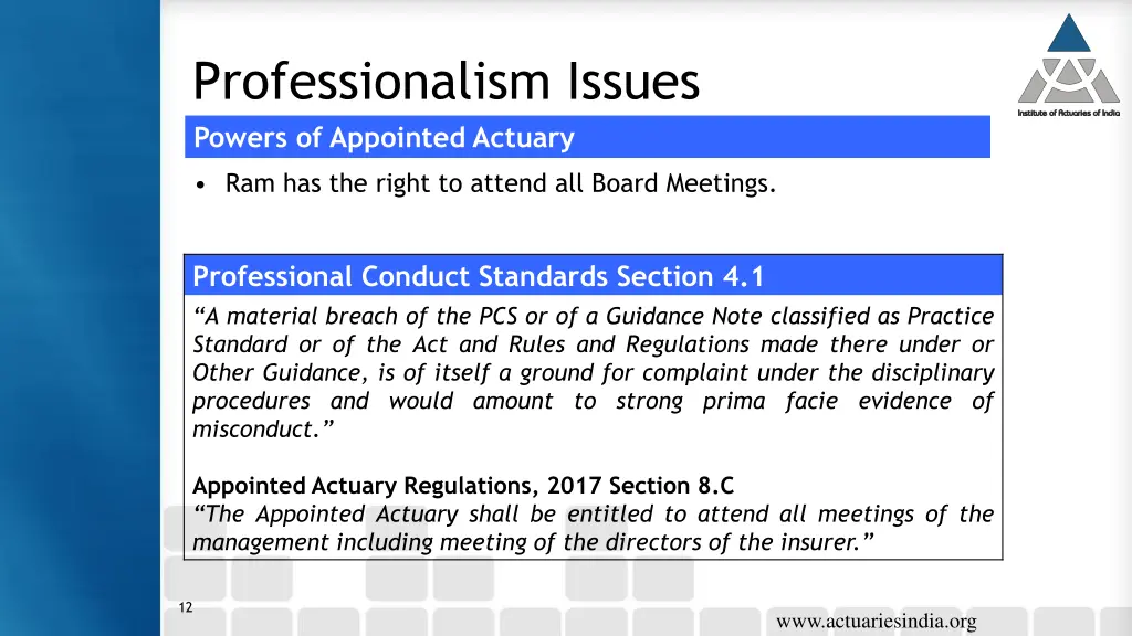 professionalism issues powers of appointed actuary