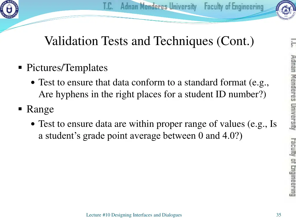 validation tests and techniques cont 1