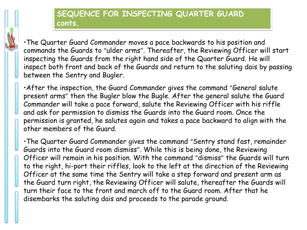 sequence for inspecting quarter guard conts 1