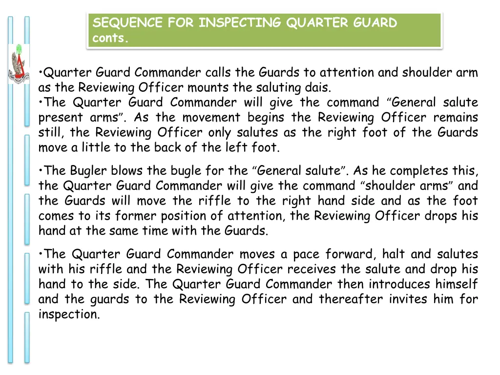 sequence for inspecting quarter guard conts