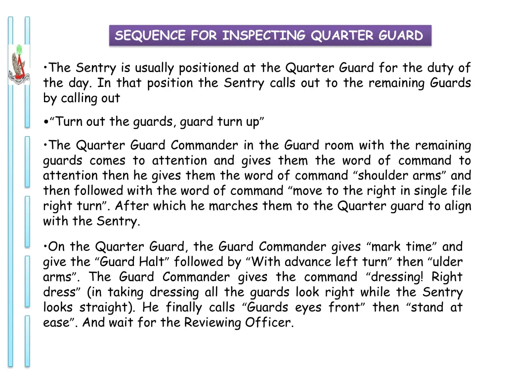 sequence for inspecting quarter guard