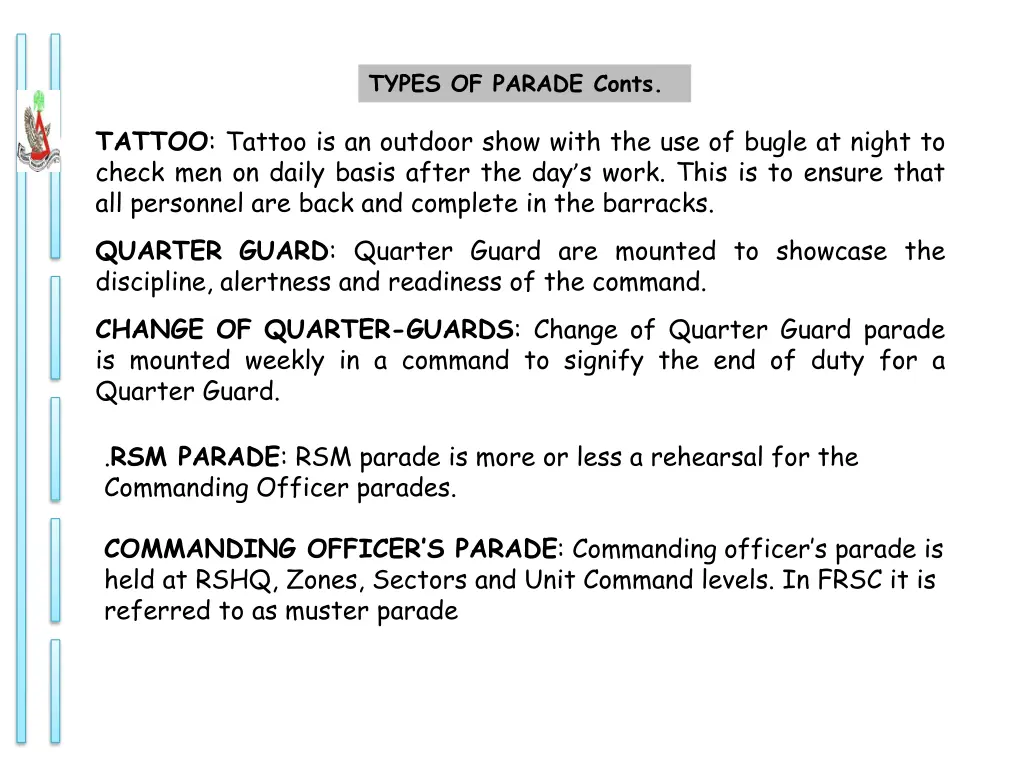 types of parade conts